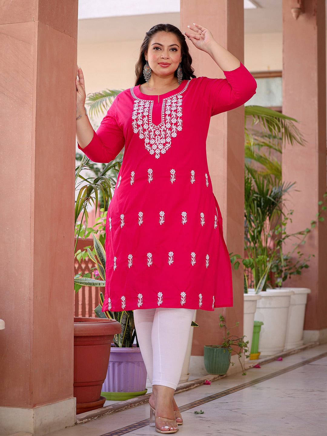 Pink & White Embroidered Plus Size Chikankari Kurti-Indiakreations-JS1497PKURHP3XL