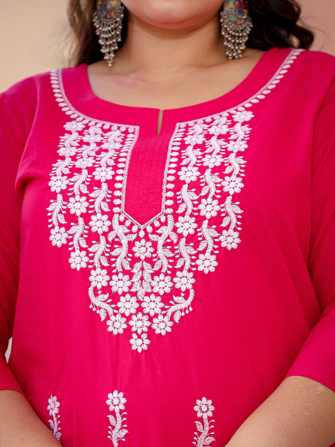 Pink & White Embroidered Plus Size Chikankari Kurti-Indiakreations-JS1497PKURHP3XL