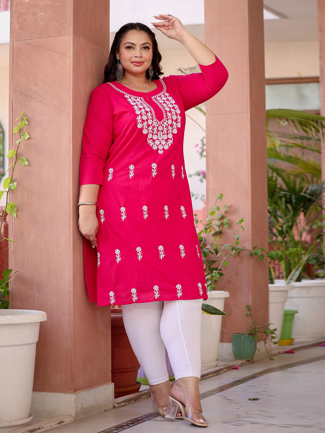 Pink & White Embroidered Plus Size Chikankari Kurti-Indiakreations-JS1497PKURHP3XL