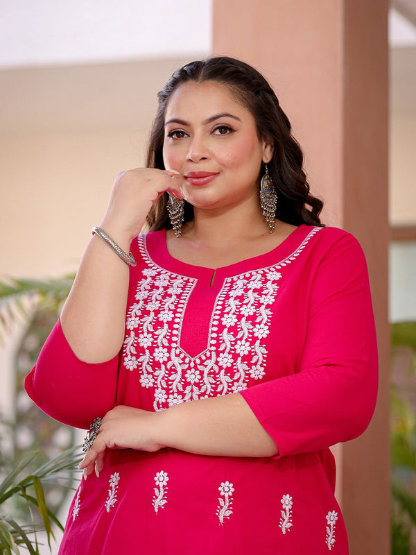 Pink & White Embroidered Plus Size Chikankari Kurti-Indiakreations-JS1497PKURHP3XL