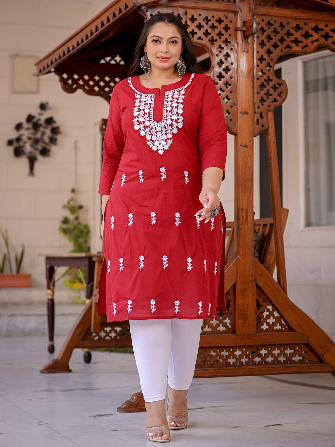 Maroon & White Embroidered Plus Size Chikankari Kurti-Indiakreations-JS1497PKURMR3XL