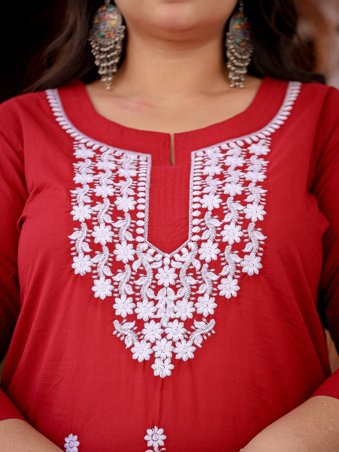 Maroon & White Embroidered Plus Size Chikankari Kurti-Indiakreations-JS1497PKURMR3XL