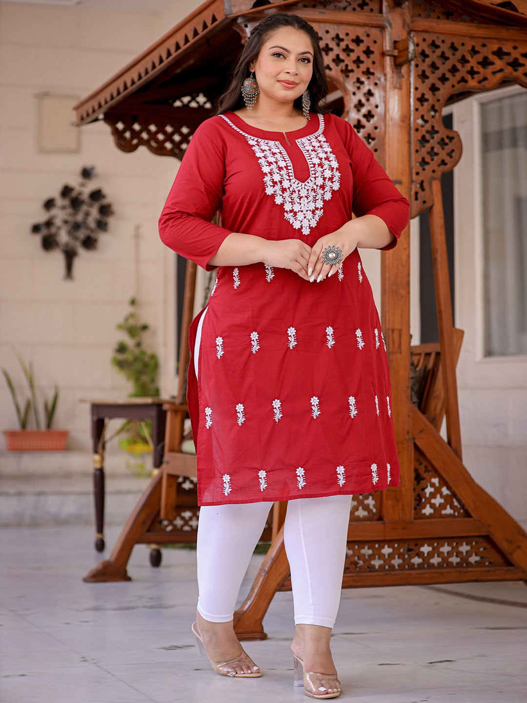 Maroon & White Embroidered Plus Size Chikankari Kurti-Indiakreations-JS1497PKURMR3XL