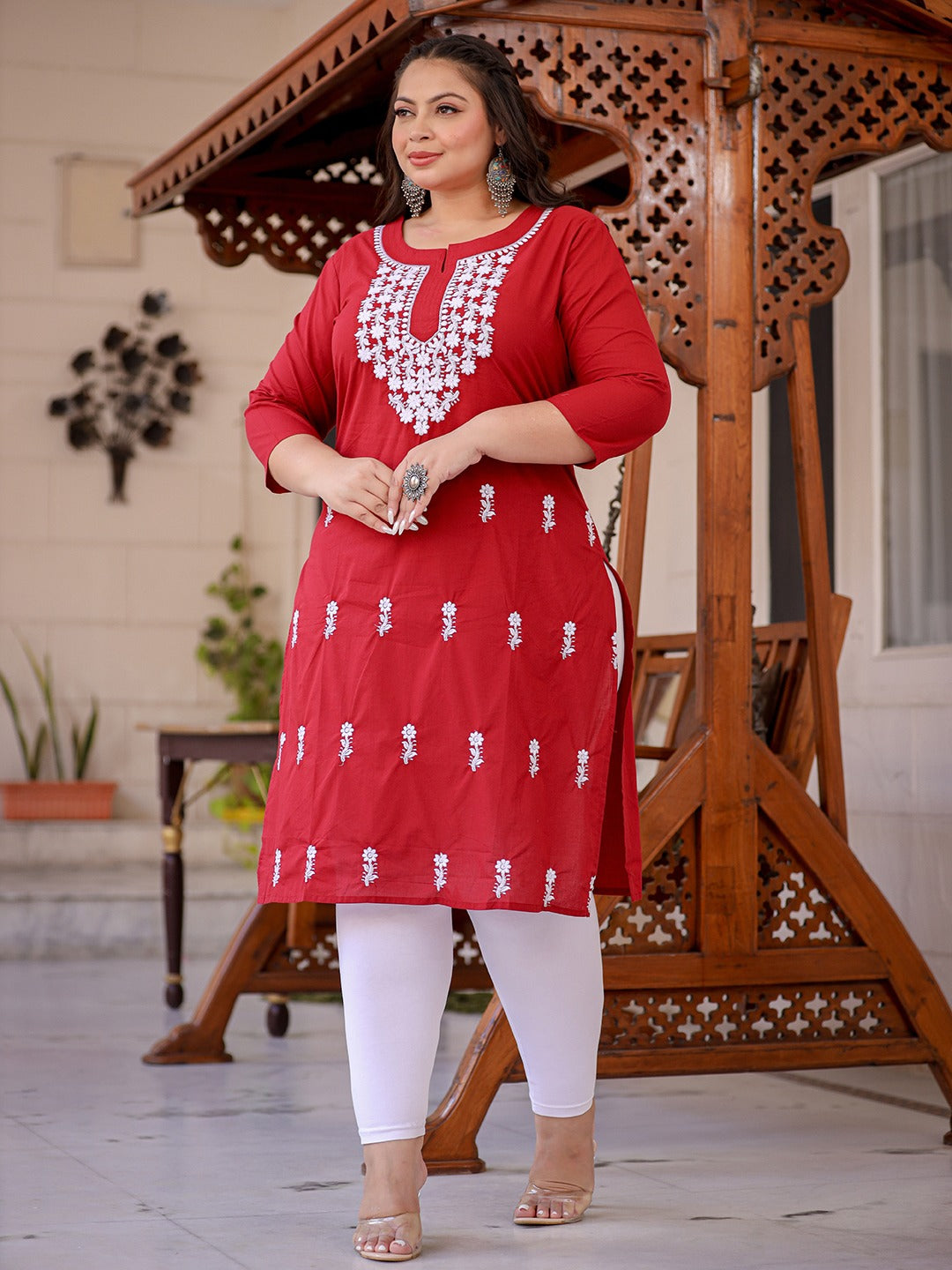 Maroon & White Embroidered Plus Size Chikankari Kurti-Indiakreations-JS1497PKURMR3XL