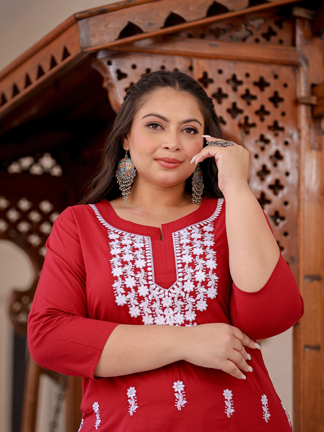 Maroon & White Embroidered Plus Size Chikankari Kurti-Indiakreations-JS1497PKURMR3XL