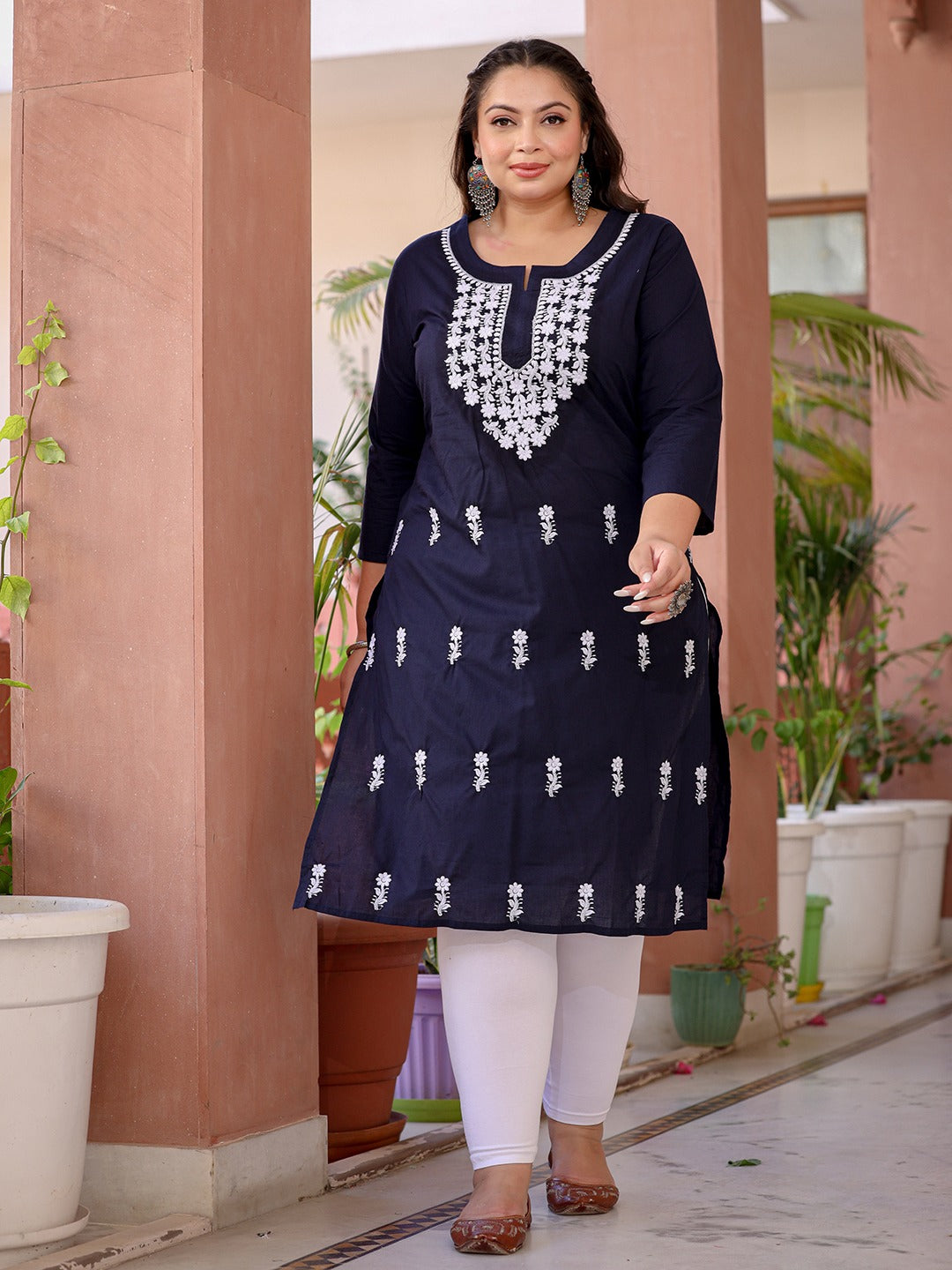 Blue & White Embroidered Plus Size Chikankari Kurti-Indiakreations-JS1497PKURNB3XL