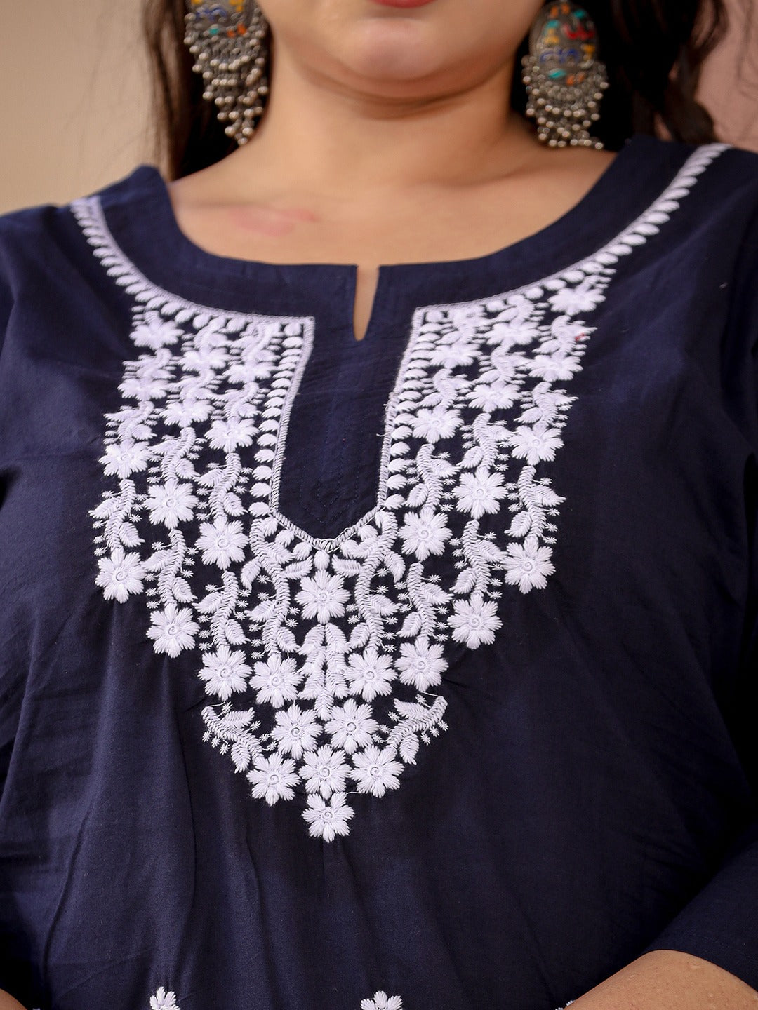 Blue & White Embroidered Plus Size Chikankari Kurti-Indiakreations-JS1497PKURNB3XL