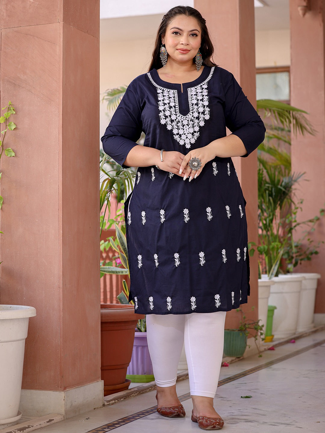 Blue & White Embroidered Plus Size Chikankari Kurti-Indiakreations-JS1497PKURNB3XL