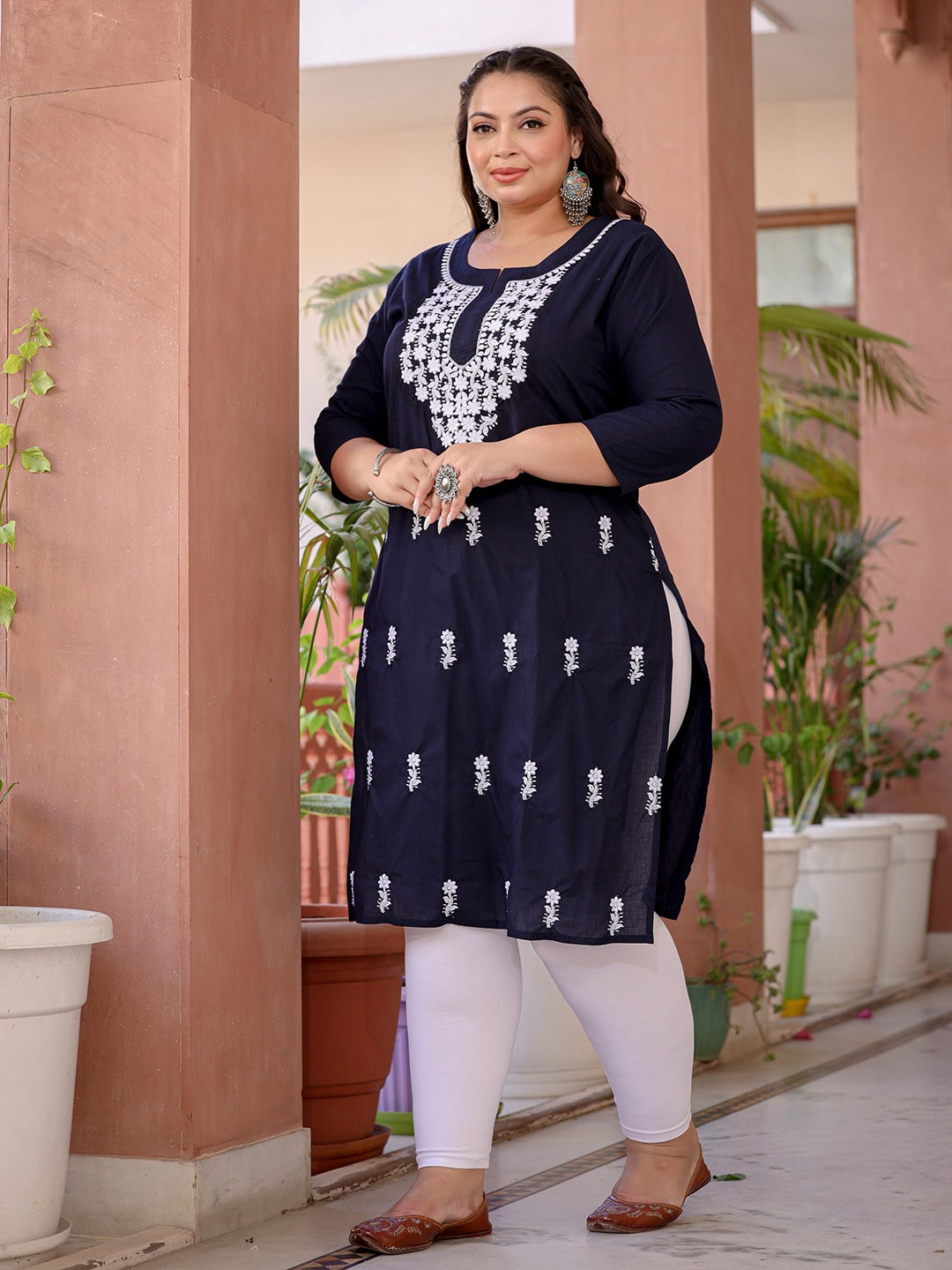 Blue & White Embroidered Plus Size Chikankari Kurti-Indiakreations-JS1497PKURNB3XL