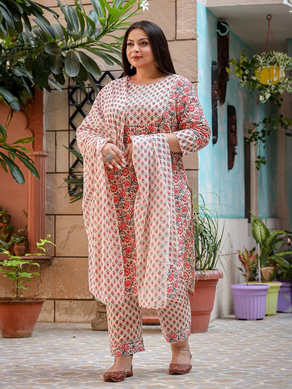 Plus Size Floral Printed Regular Pure Cotton Kurta with Trousers & Dupatta-Indiakreations-JS3901PSKDPK3XL