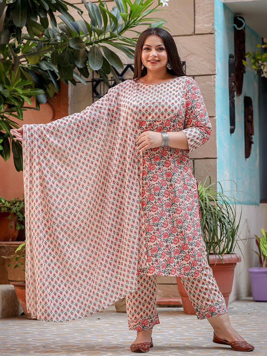 Plus Size Floral Printed Regular Pure Cotton Kurta with Trousers & Dupatta-Indiakreations-JS3901PSKDPK3XL