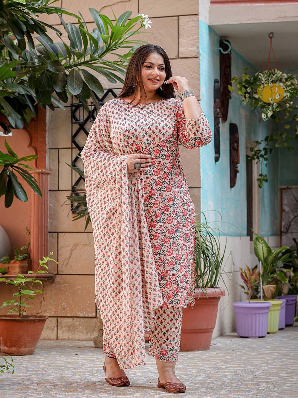 Plus Size Floral Printed Regular Pure Cotton Kurta with Trousers & Dupatta-Indiakreations-JS3901PSKDPK3XL