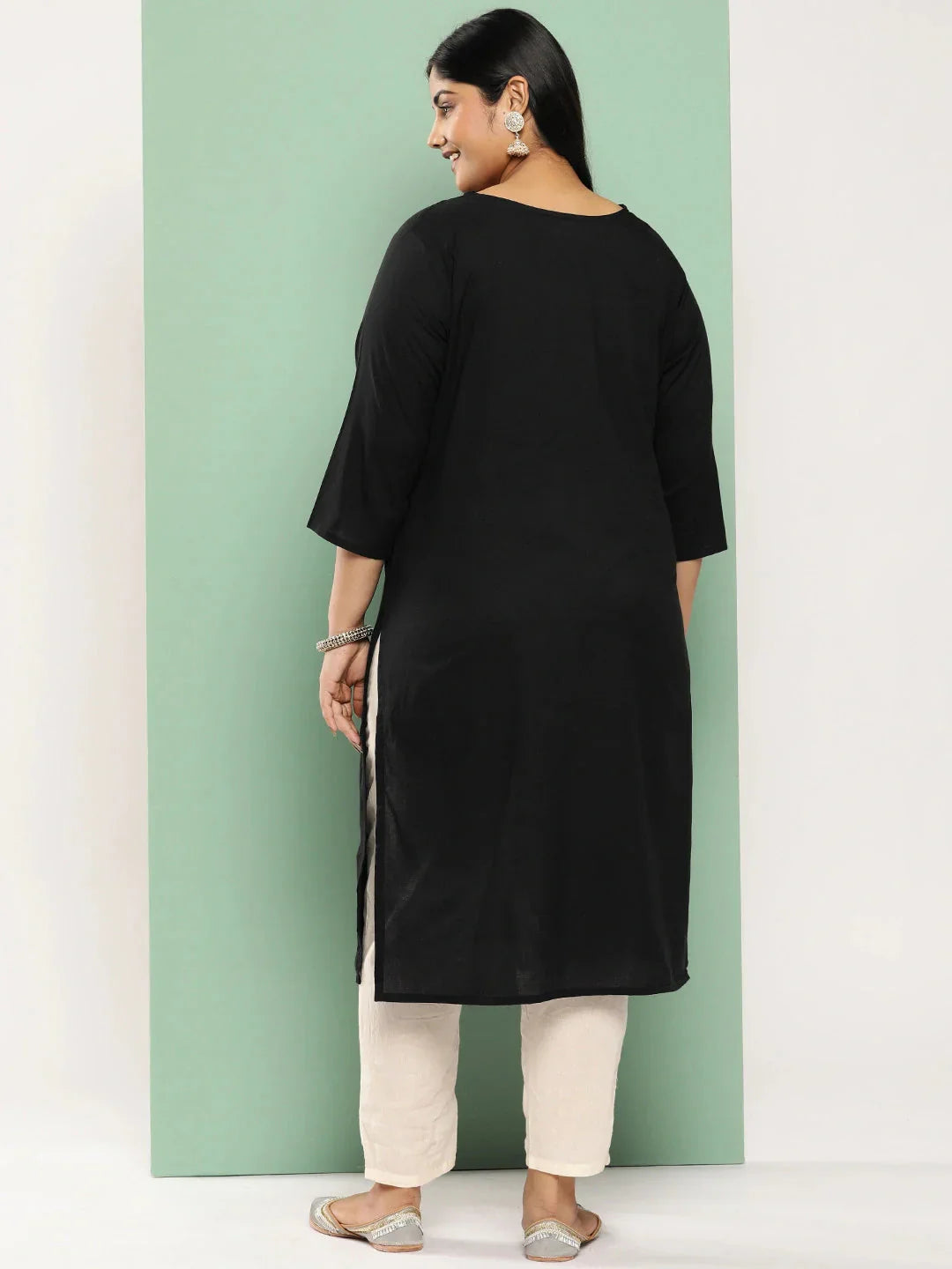 Black Straight Plus Size Kurta For Women-Indiakreations-JS1285PKURBK3XL