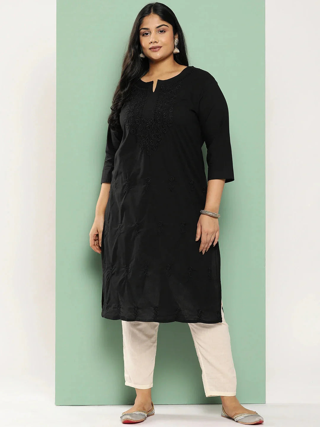 Black Straight Plus Size Kurta For Women-Indiakreations-JS1285PKURBK3XL