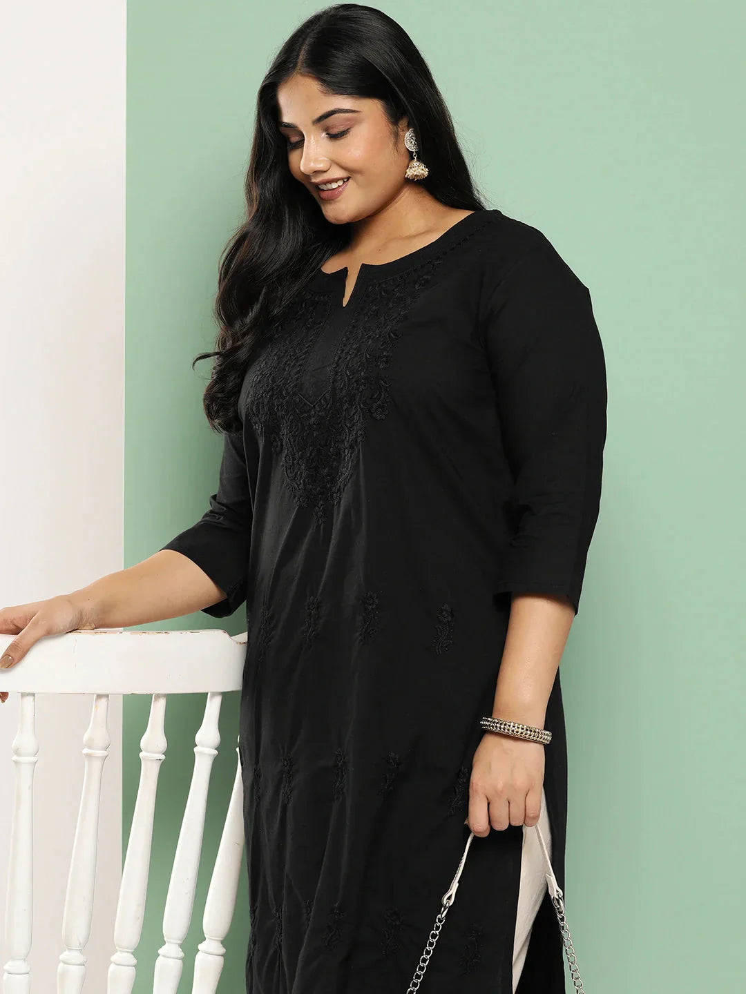 Black Straight Plus Size Kurta For Women-Indiakreations-JS1285PKURBK3XL