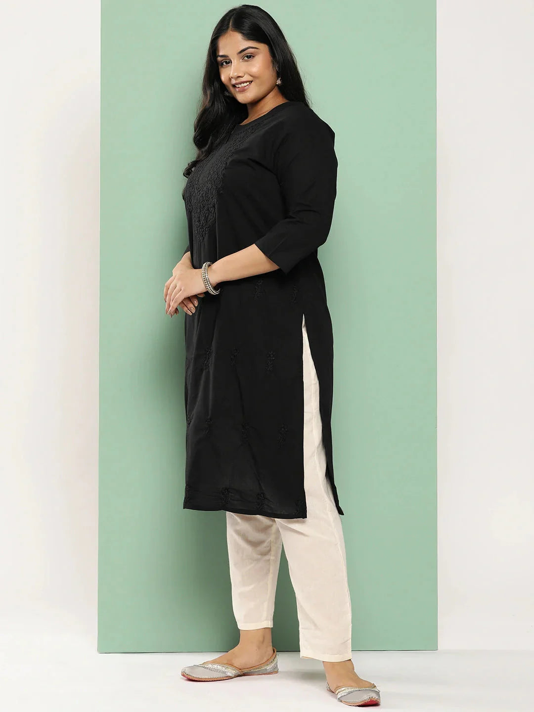 Black Straight Plus Size Kurta For Women-Indiakreations-JS1285PKURBK3XL