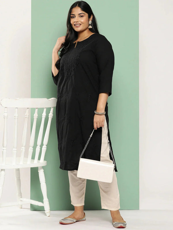 Black Straight Plus Size Kurta For Women-Indiakreations-JS1285PKURBK3XL