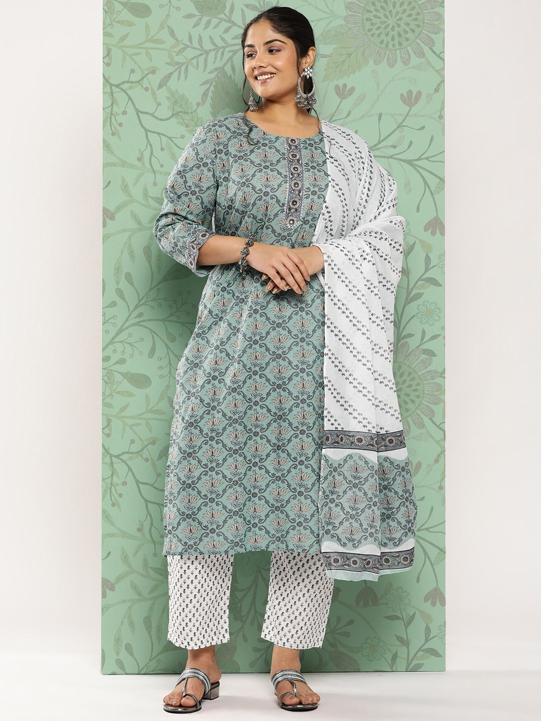 Plus Size Gotta Patti Cotton Kurta Dupatta Set-Indiakreations-JS9788PSKDGR3XL