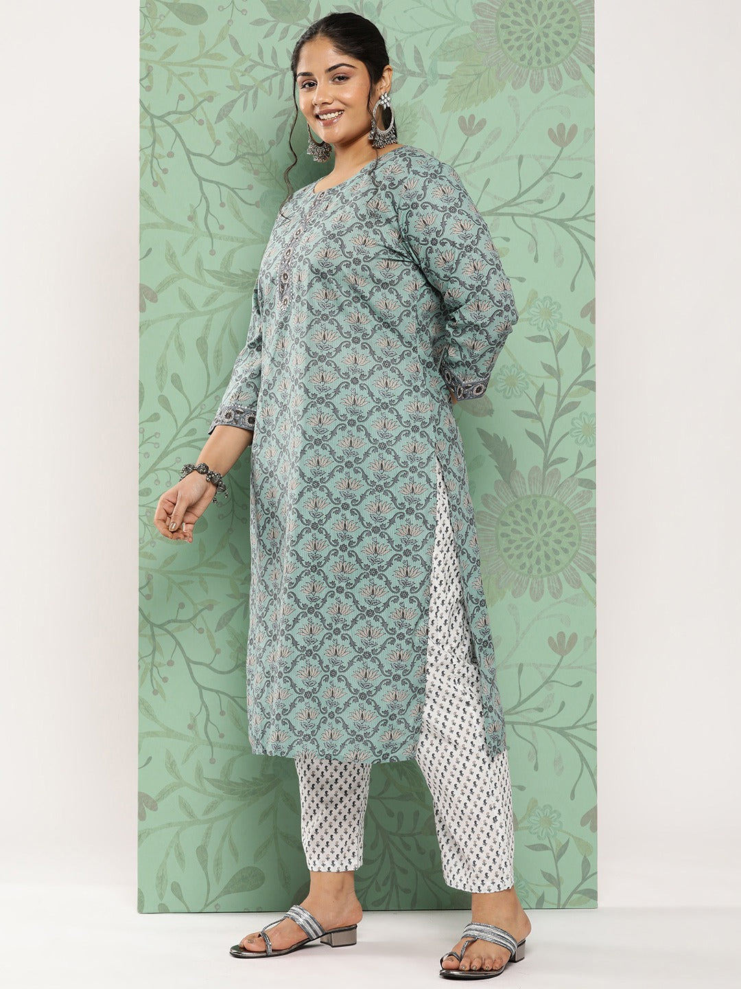 Plus Size Gotta Patti Cotton Kurta Dupatta Set-Indiakreations-JS9788PSKDGR3XL