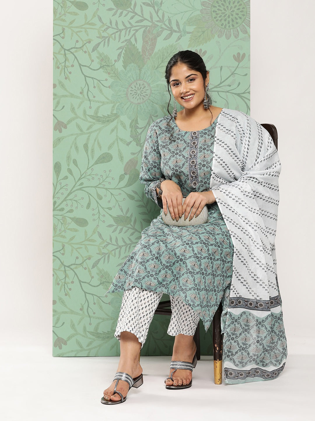 Plus Size Gotta Patti Cotton Kurta Dupatta Set-Indiakreations-JS9788PSKDGR3XL