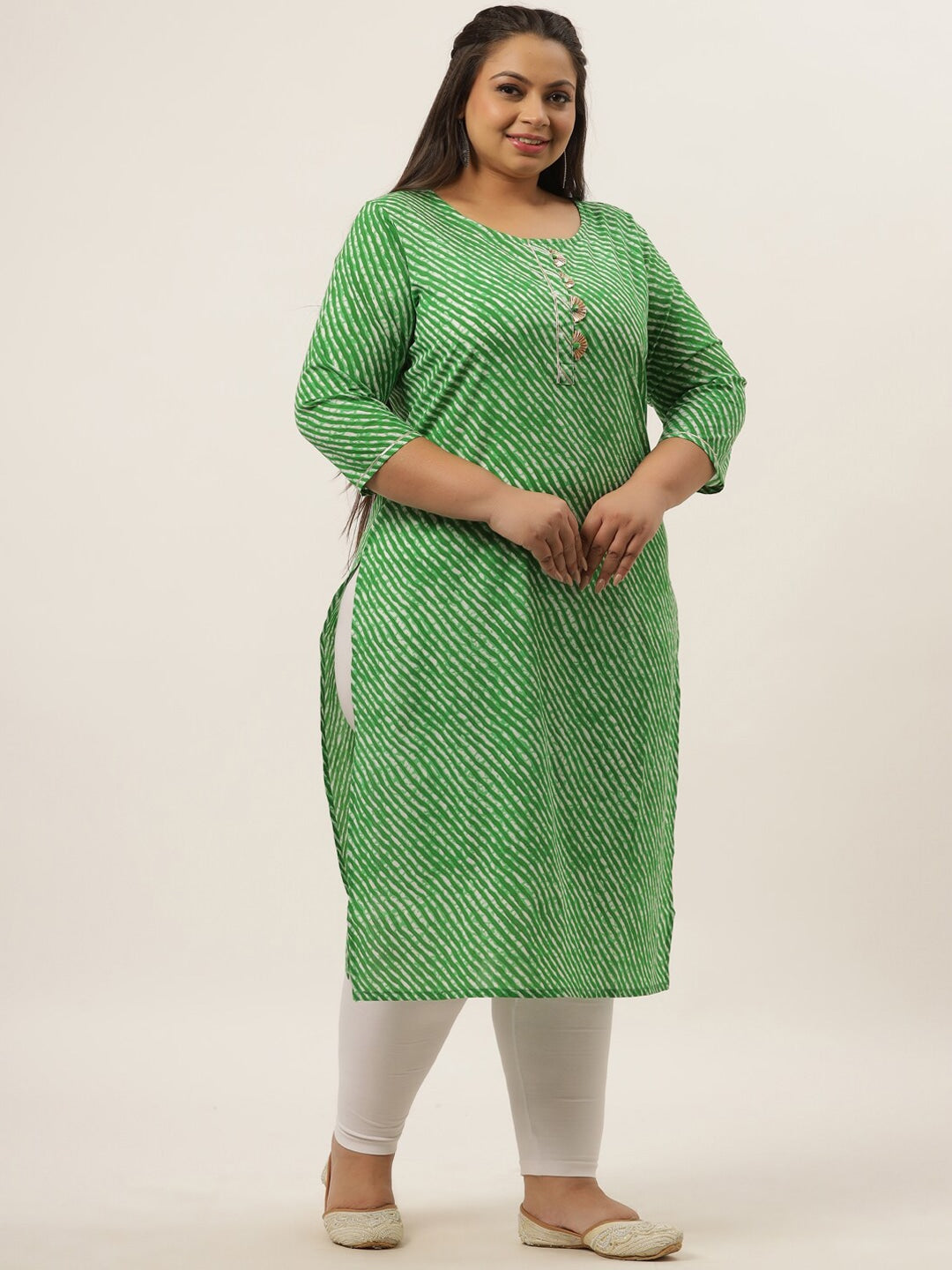 Plus Size Green Laheriya Printed Kurta-Indiakreations-JS636KURPGR3XL