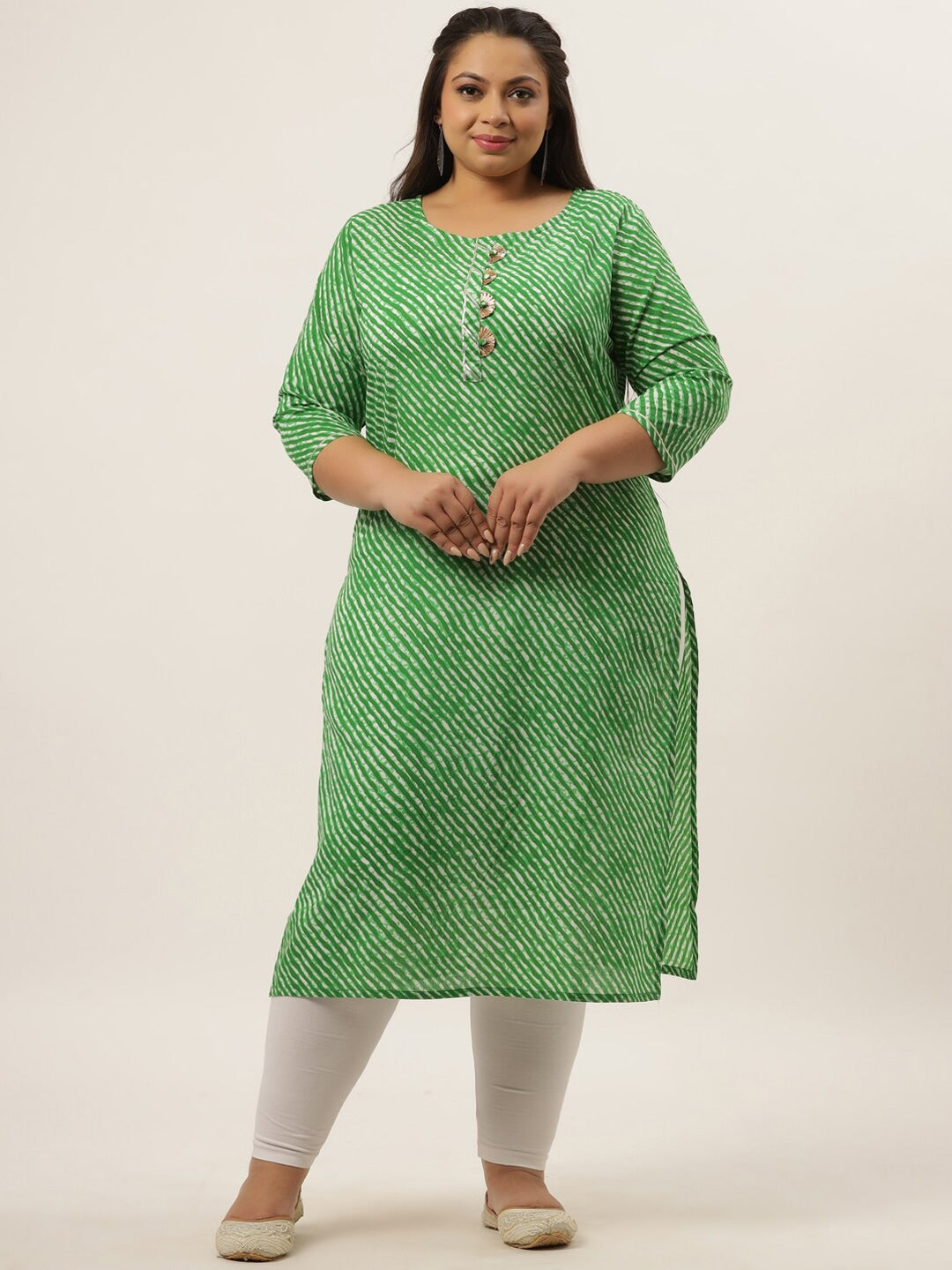 Plus Size Green Laheriya Printed Kurta-Indiakreations-JS636KURPGR3XL