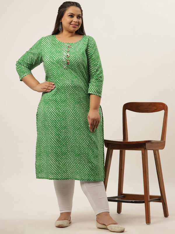 Plus Size Green Laheriya Printed Kurta-Indiakreations-JS636KURPGR3XL