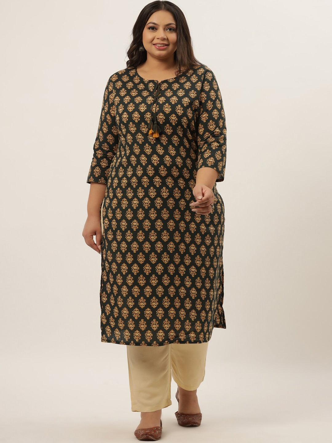 Plus Size Green Printed Kurta Set-Indiakreations-JS9209SETGR3XL