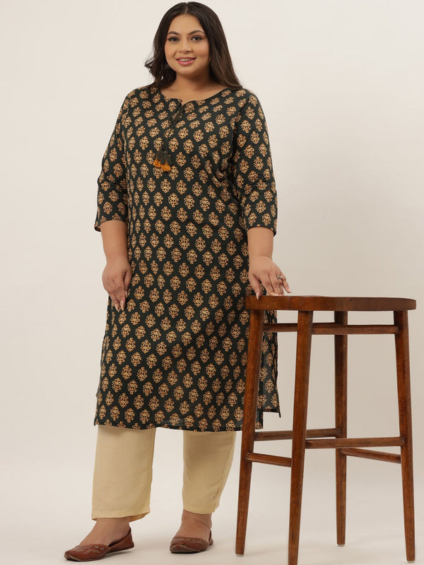 Plus Size Green Printed Kurta Set-Indiakreations-JS9209SETGR3XL