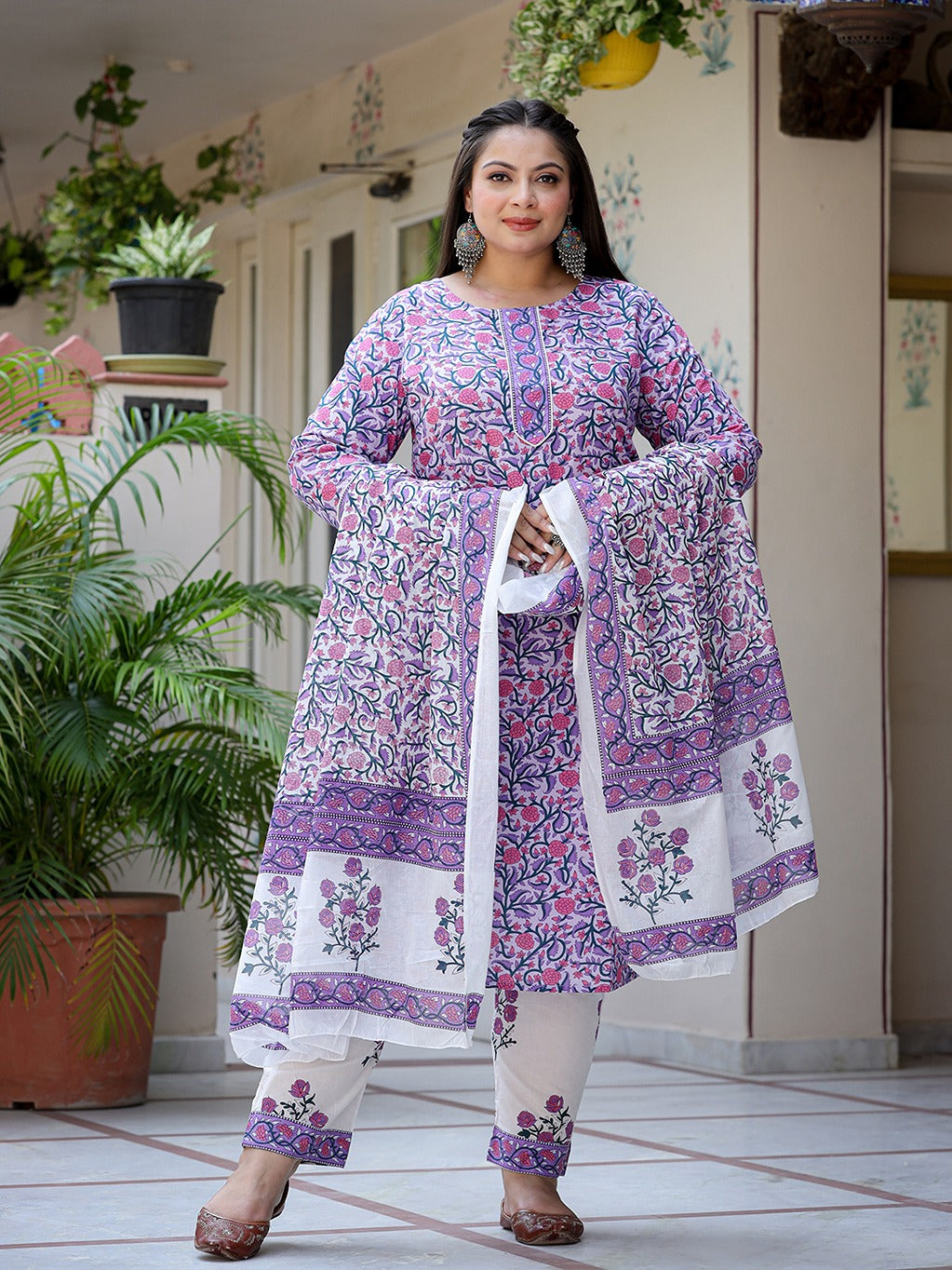 Plus Size Lavender & White Printed Dupatta Set-Indiakreations-JS8053PSKDLV3XL