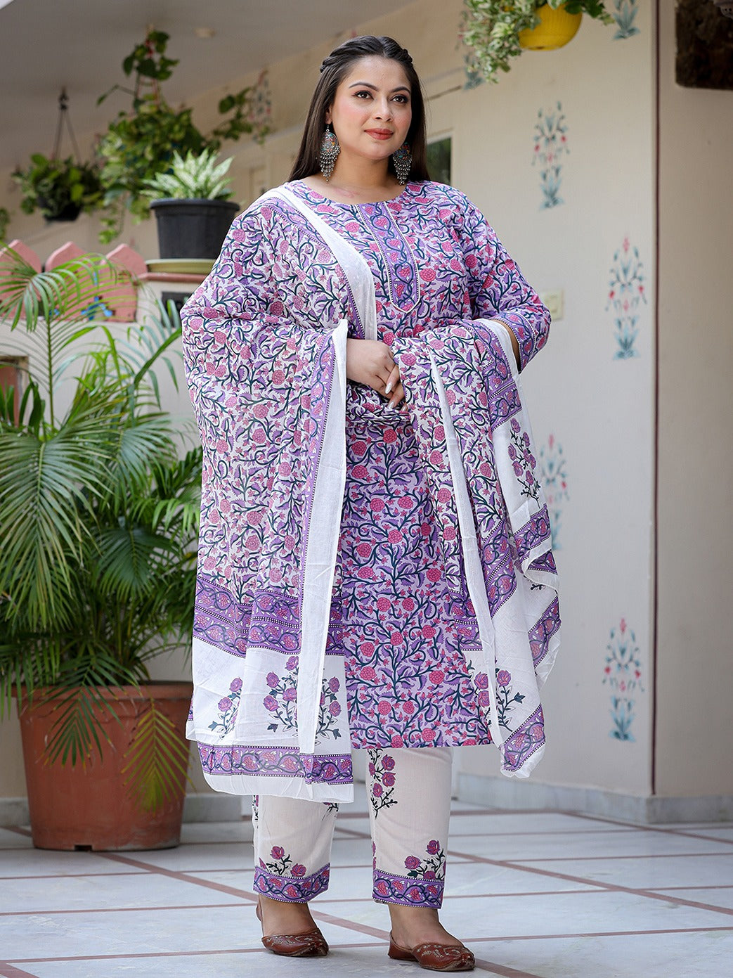 Plus Size Lavender & White Printed Dupatta Set-Indiakreations-JS8053PSKDLV3XL