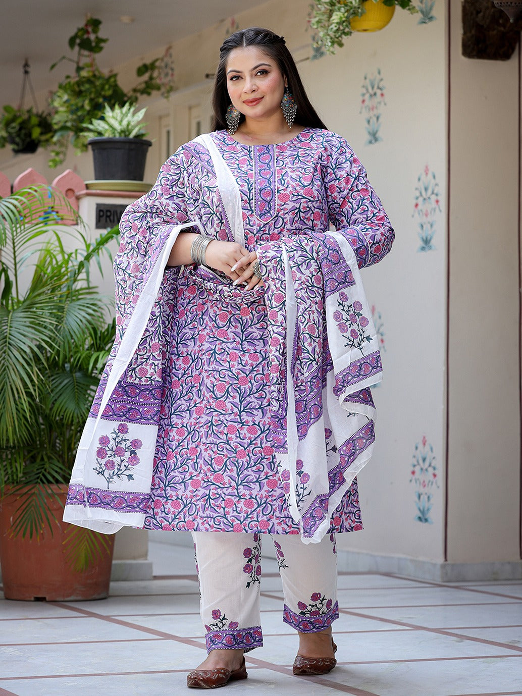 Plus Size Lavender & White Printed Dupatta Set-Indiakreations-JS8053PSKDLV3XL