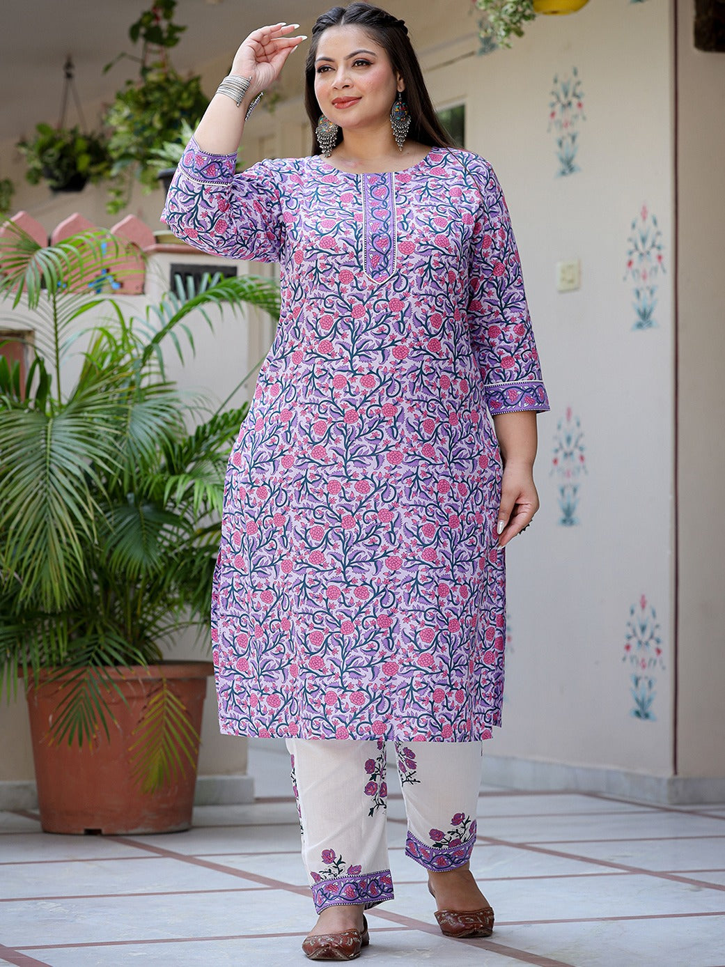 Plus Size Lavender & White Printed Dupatta Set-Indiakreations-JS8053PSKDLV3XL