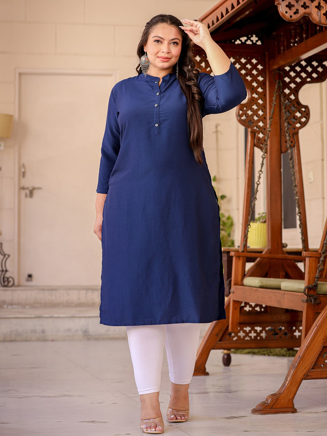 Blue Plus Size Kurta With Mandarin Collar-Indiakreations-JS1281PKURBL3XL