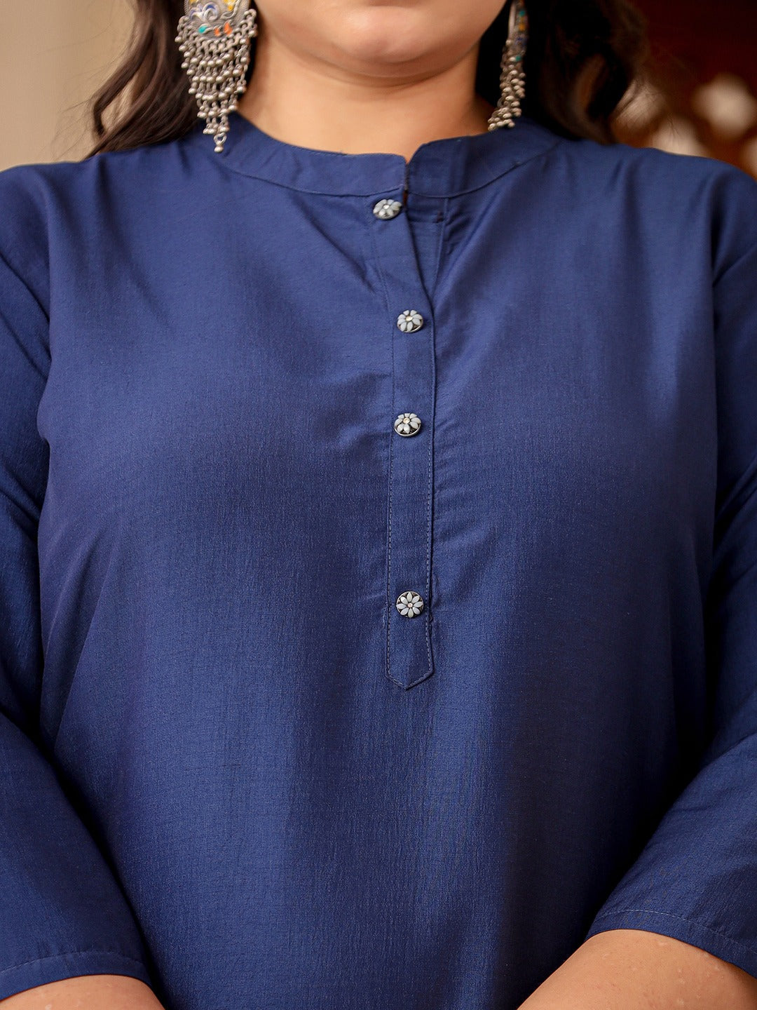 Blue Plus Size Kurta With Mandarin Collar-Indiakreations-JS1281PKURBL3XL