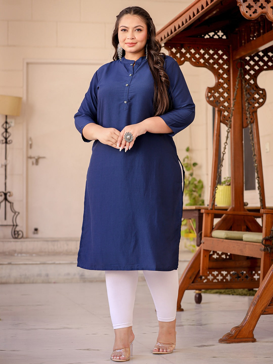 Blue Plus Size Kurta With Mandarin Collar-Indiakreations-JS1281PKURBL3XL