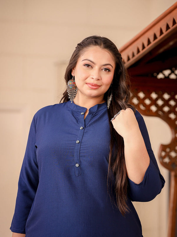 Blue Plus Size Kurta With Mandarin Collar-Indiakreations-JS1281PKURBL3XL