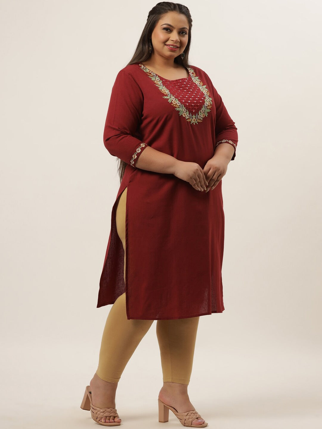 Plus Size Maroon Ethnic Kurta-Indiakreations-JS9553KURMR3XL