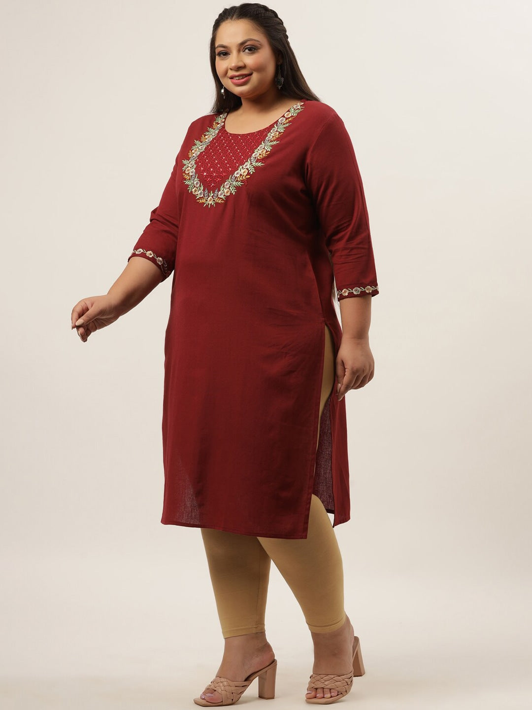 Plus Size Maroon Ethnic Kurta-Indiakreations-JS9553KURMR3XL