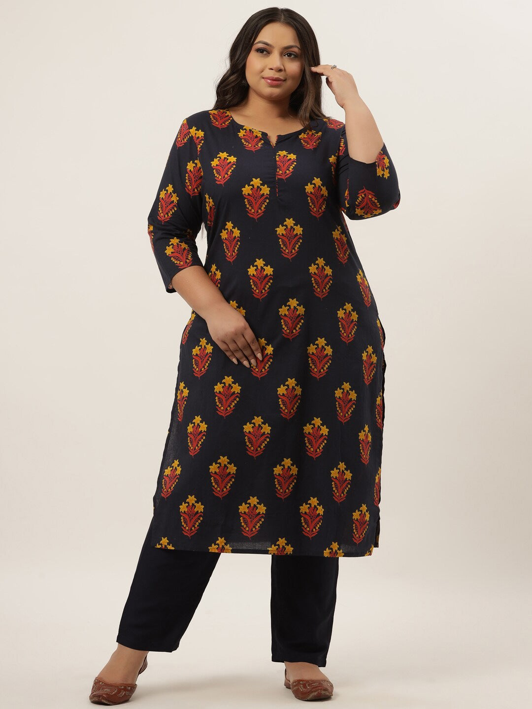 Plus Size Navy Blue Printed Kurta Set-Indiakreations-JS9203SETNB3XL