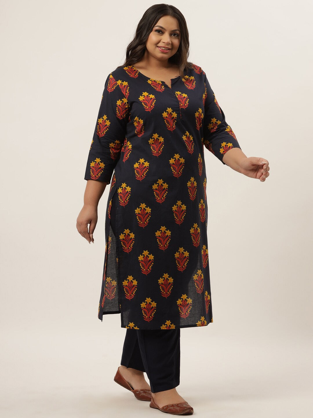 Plus Size Navy Blue Printed Kurta Set-Indiakreations-JS9203SETNB3XL