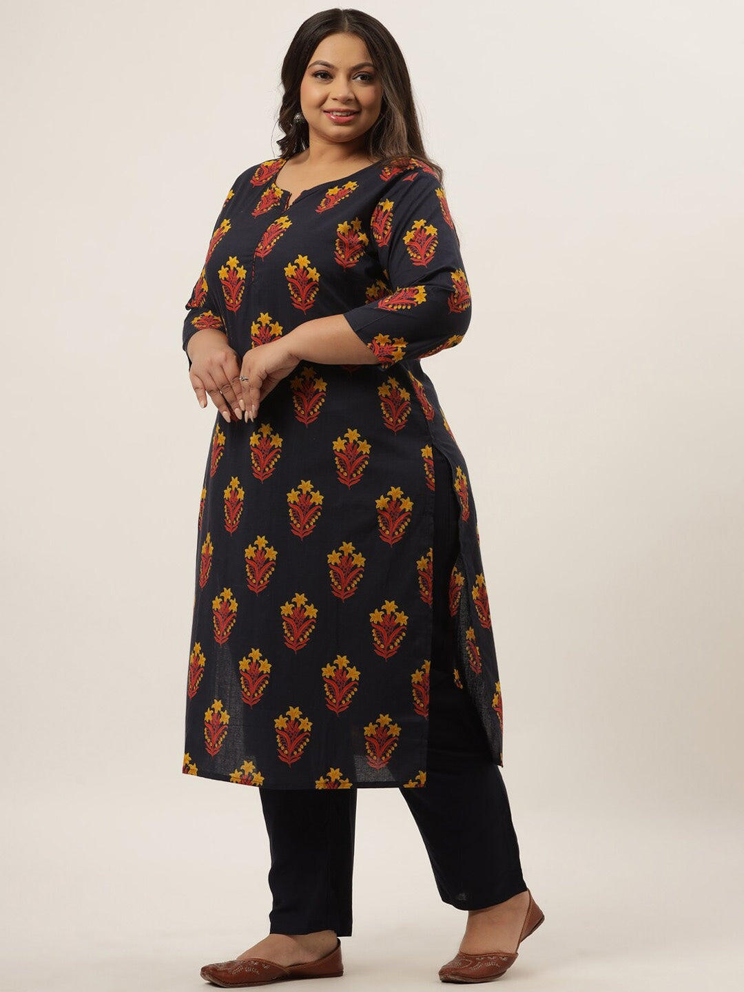 Plus Size Navy Blue Printed Kurta Set-Indiakreations-JS9203SETNB3XL