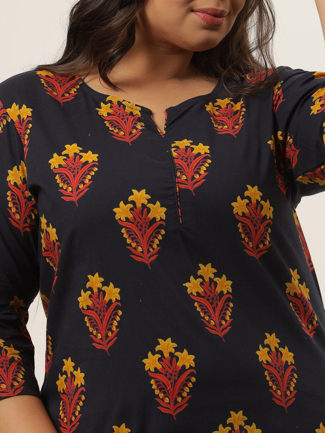 Plus Size Navy Blue Printed Kurta Set-Indiakreations-JS9203SETNB3XL