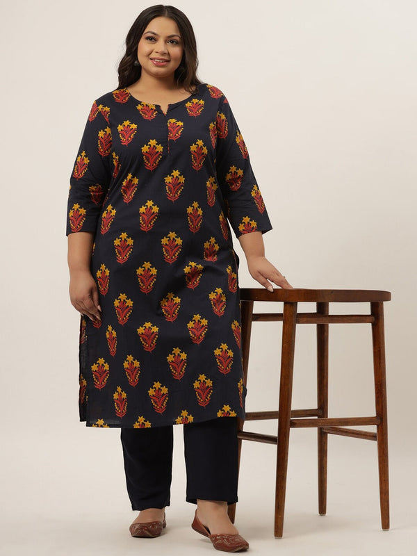 Plus Size Navy Blue Printed Kurta Set-Indiakreations-JS9203SETNB3XL