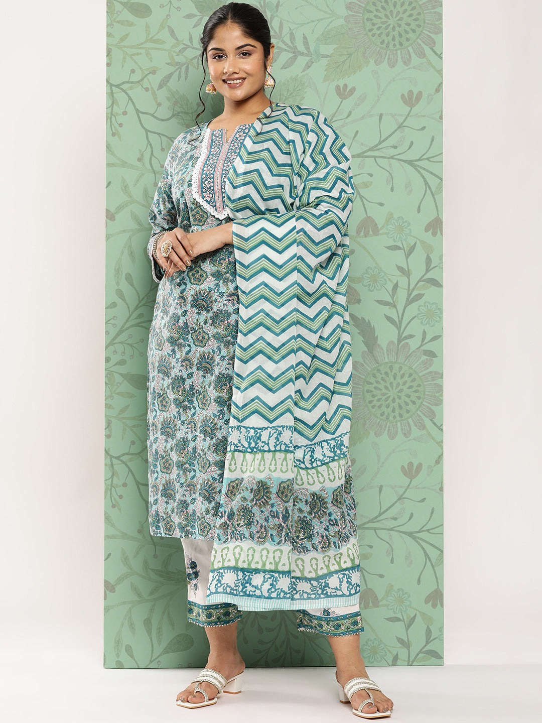 Plus Size Printed Cotton Kurta Dupatta Set-Indiakreations-JS3902PSKDGR3XL