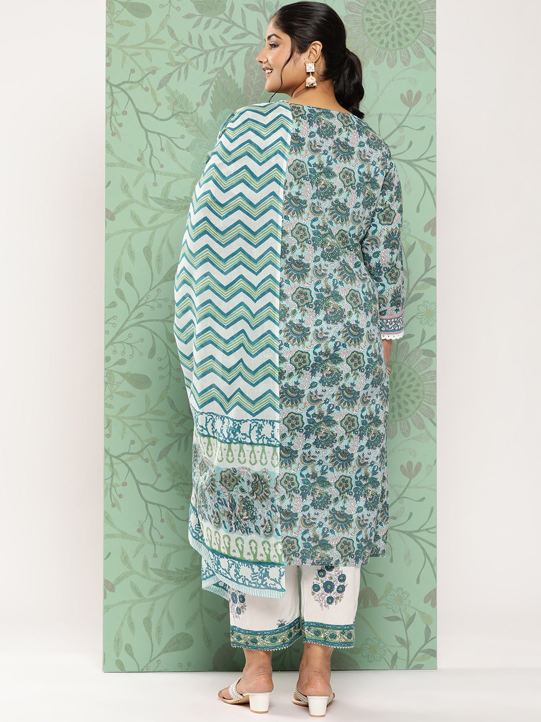 Plus Size Printed Cotton Kurta Dupatta Set-Indiakreations-JS3902PSKDGR3XL