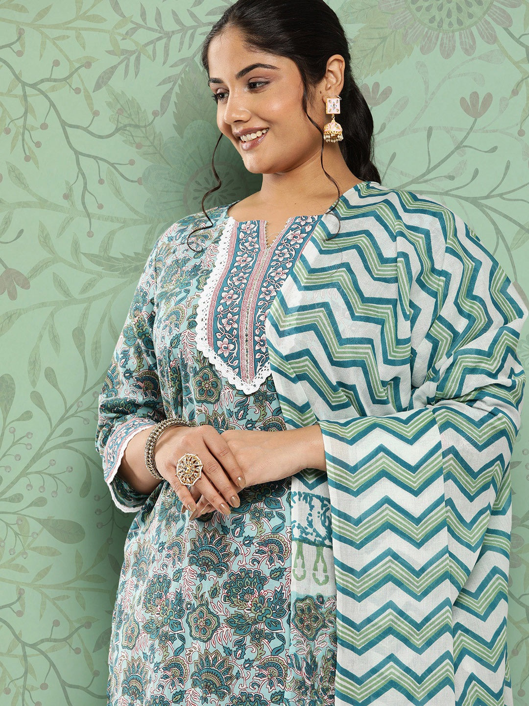 Plus Size Printed Cotton Kurta Dupatta Set-Indiakreations-JS3902PSKDGR3XL