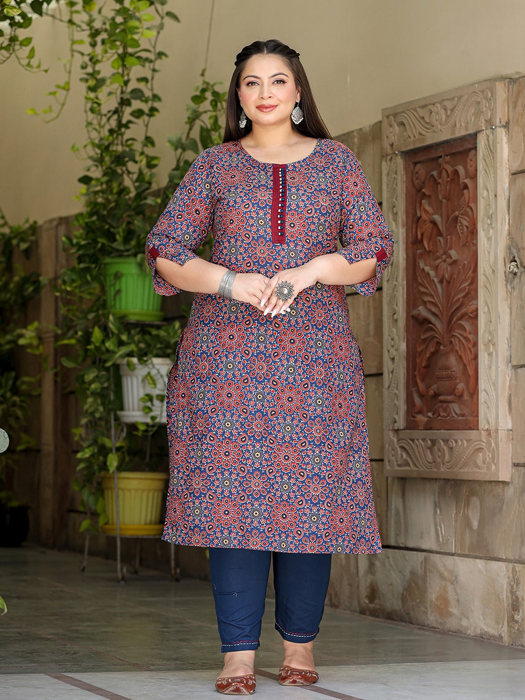 Blue Plus Size Kurta Set With Trouser-Indiakreations-JS9022PSETBL3XL