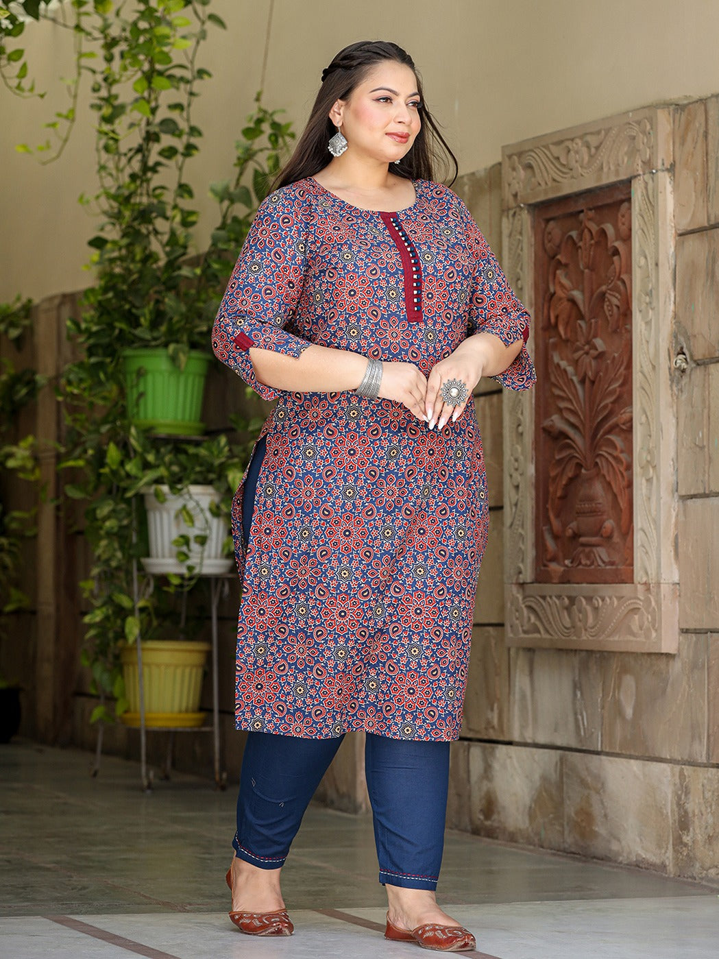 Blue Plus Size Kurta Set With Trouser-Indiakreations-JS9022PSETBL3XL