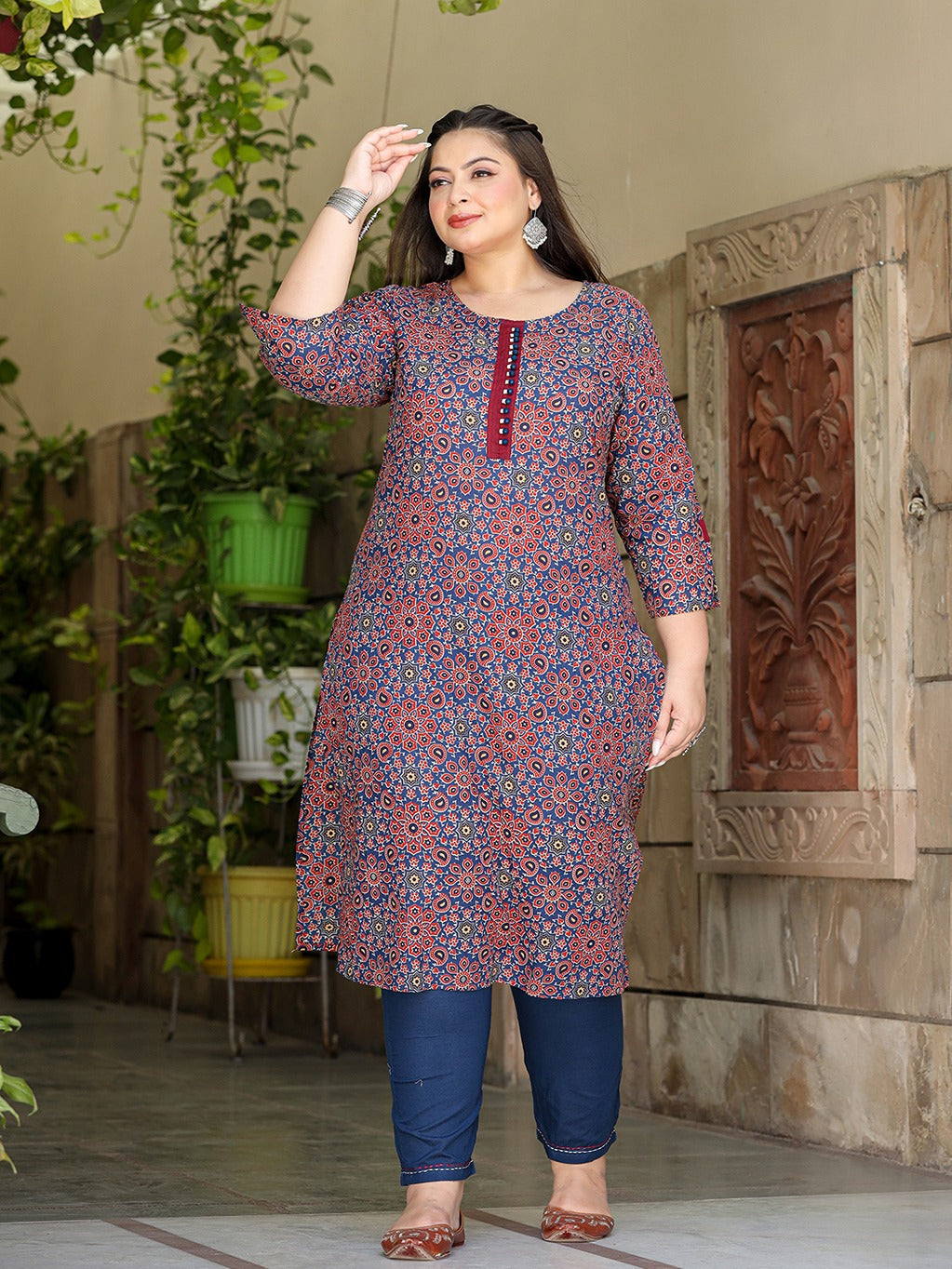 Blue Plus Size Kurta Set With Trouser-Indiakreations-JS9022PSETBL3XL